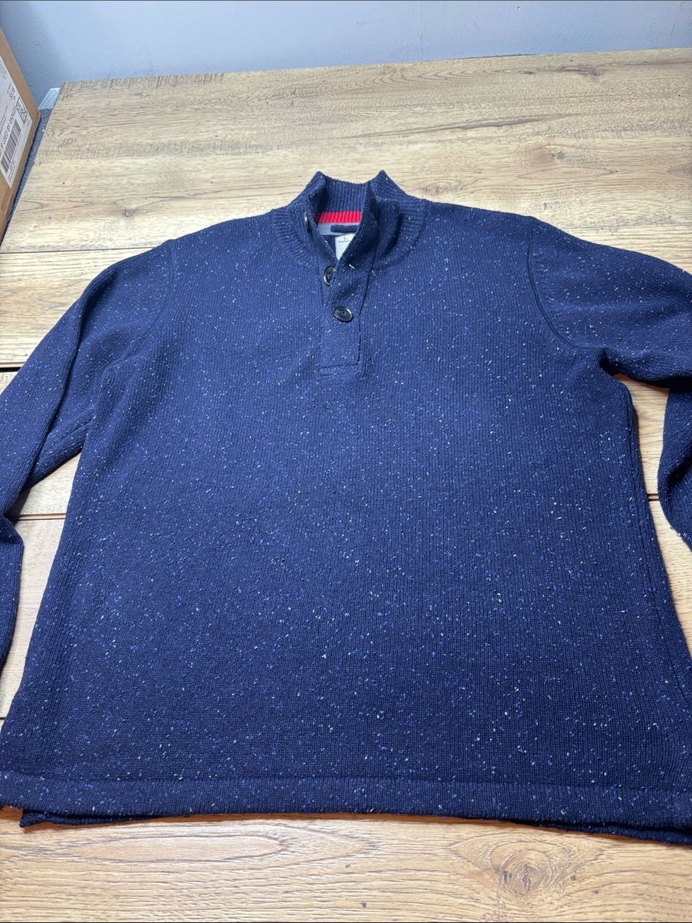 Men's Relwen Navy Speckled Donegal Mock Neck Lambswool Sweater Size Large